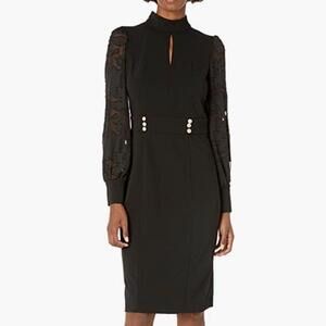 Karl Lagerfeld Paris Black Ponte Sheath Dress Sheer Floral Sleeves Size 14